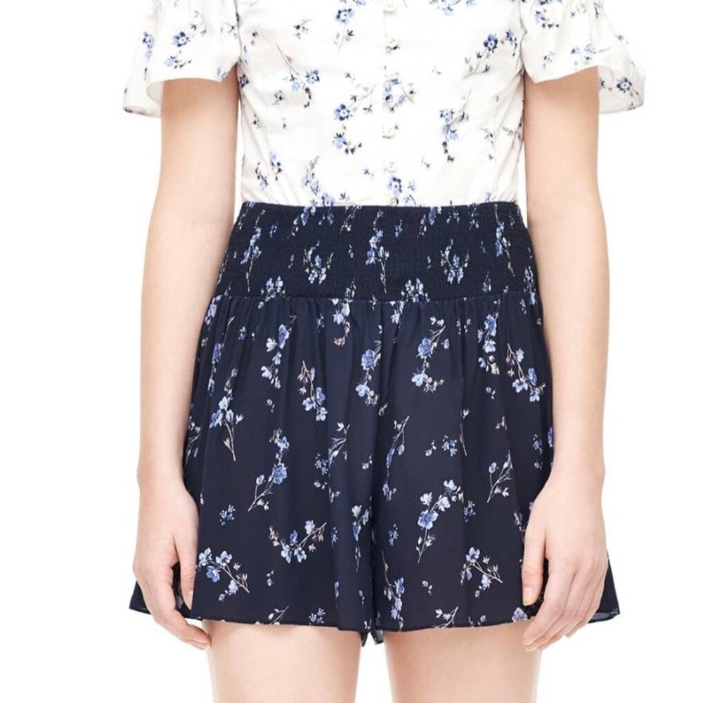 Rebecca Taylor Francine Smocked Waistband Blue Floral Silk Shorts Size Small